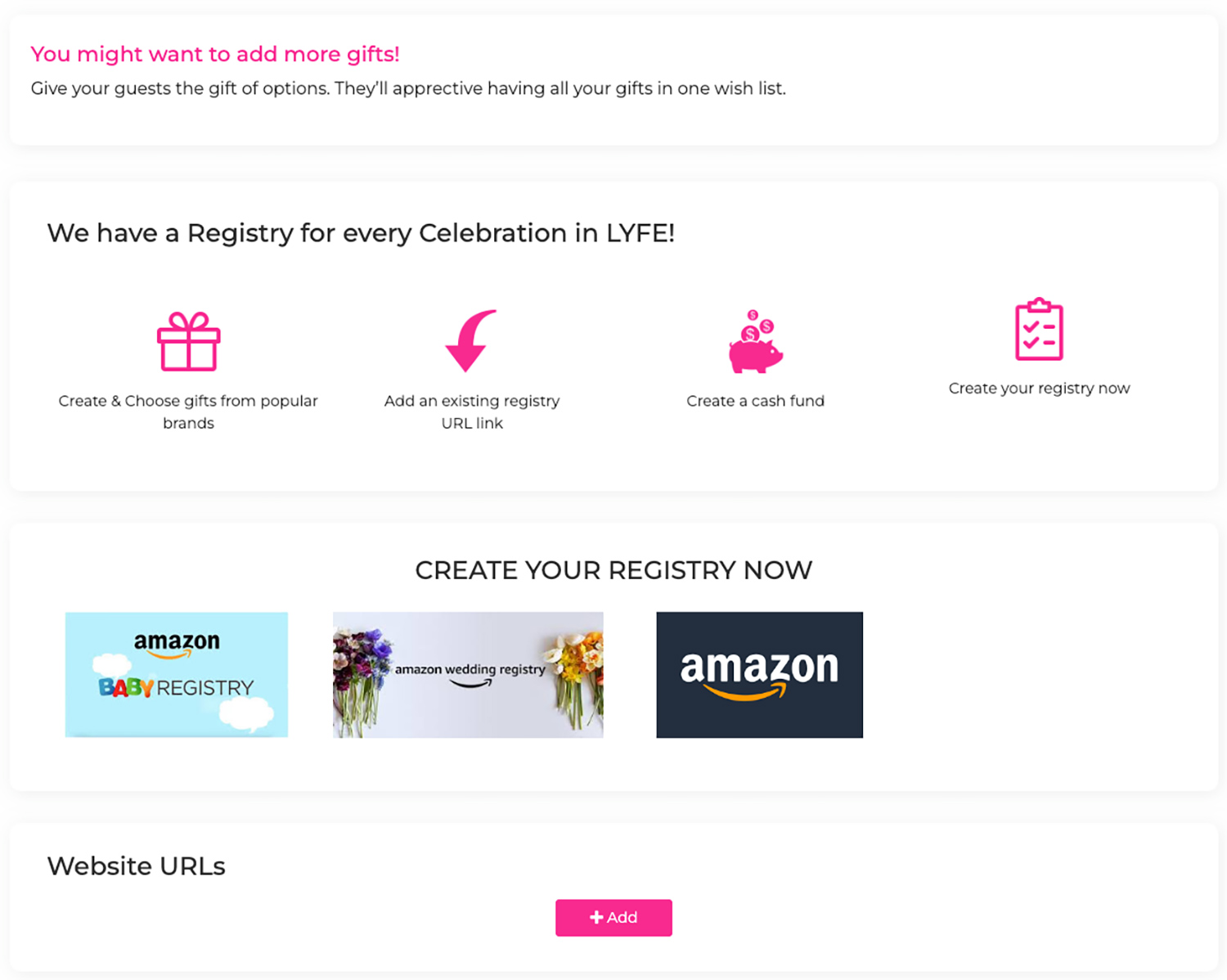 Create registry, Add gifts to Wishlist's or share current Registries